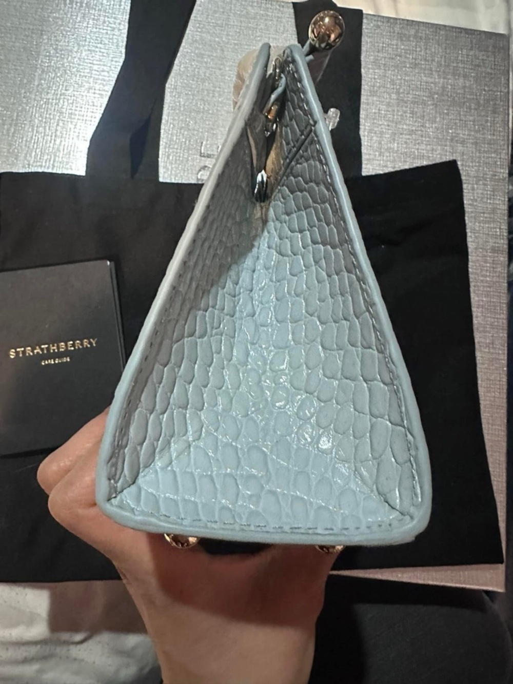 Strathberry Duck Egg Blue Croc Embossed Top Handle Nano Tote NWT - Picture 14 of 14